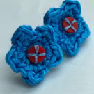 Blue and orange crocheted flower sterling silver earrings hand made