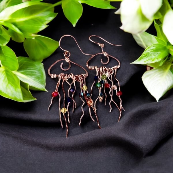 Jellyfish Copper Crystal Earrings, Dangle, Vibrant - Gift Boxed