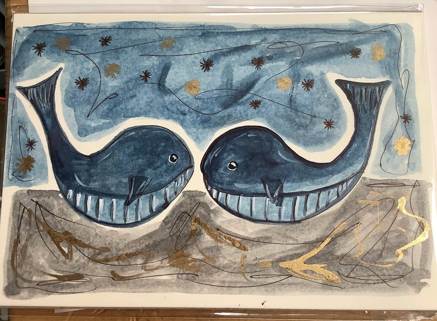 Two whales. Original painting. Valentines. 