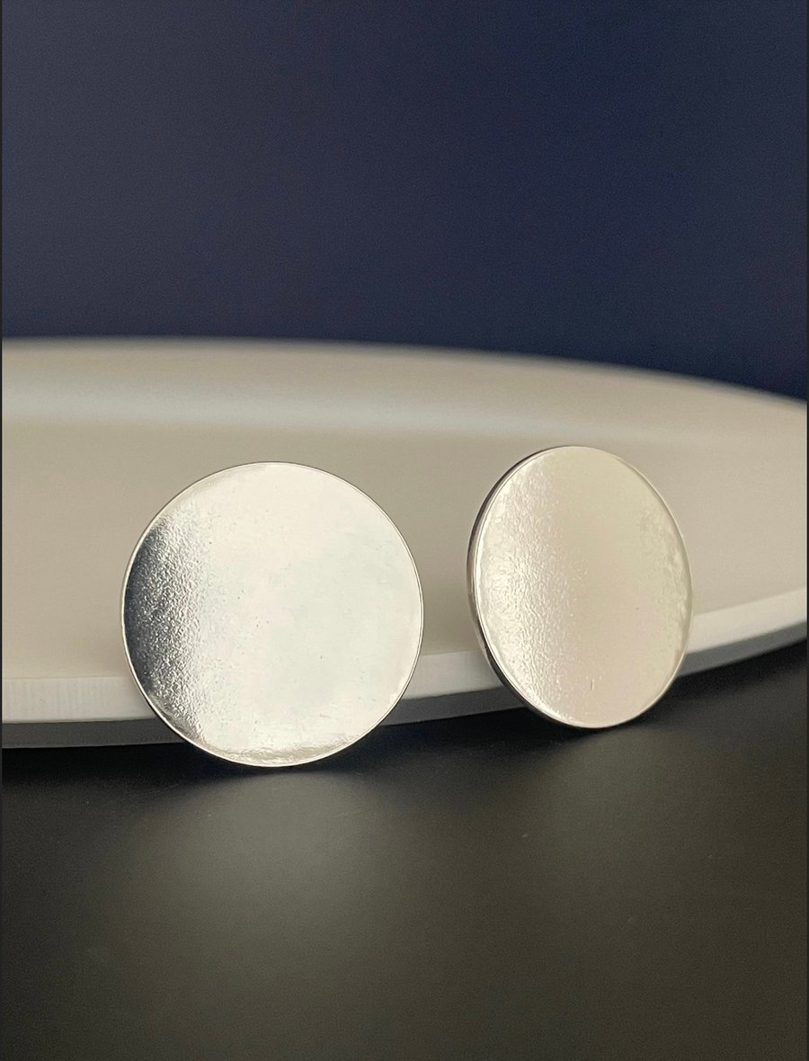 Large Sterling Silver Round Ear Stud Earrings 20mm (2cm) Plain-Smooth Handmade 