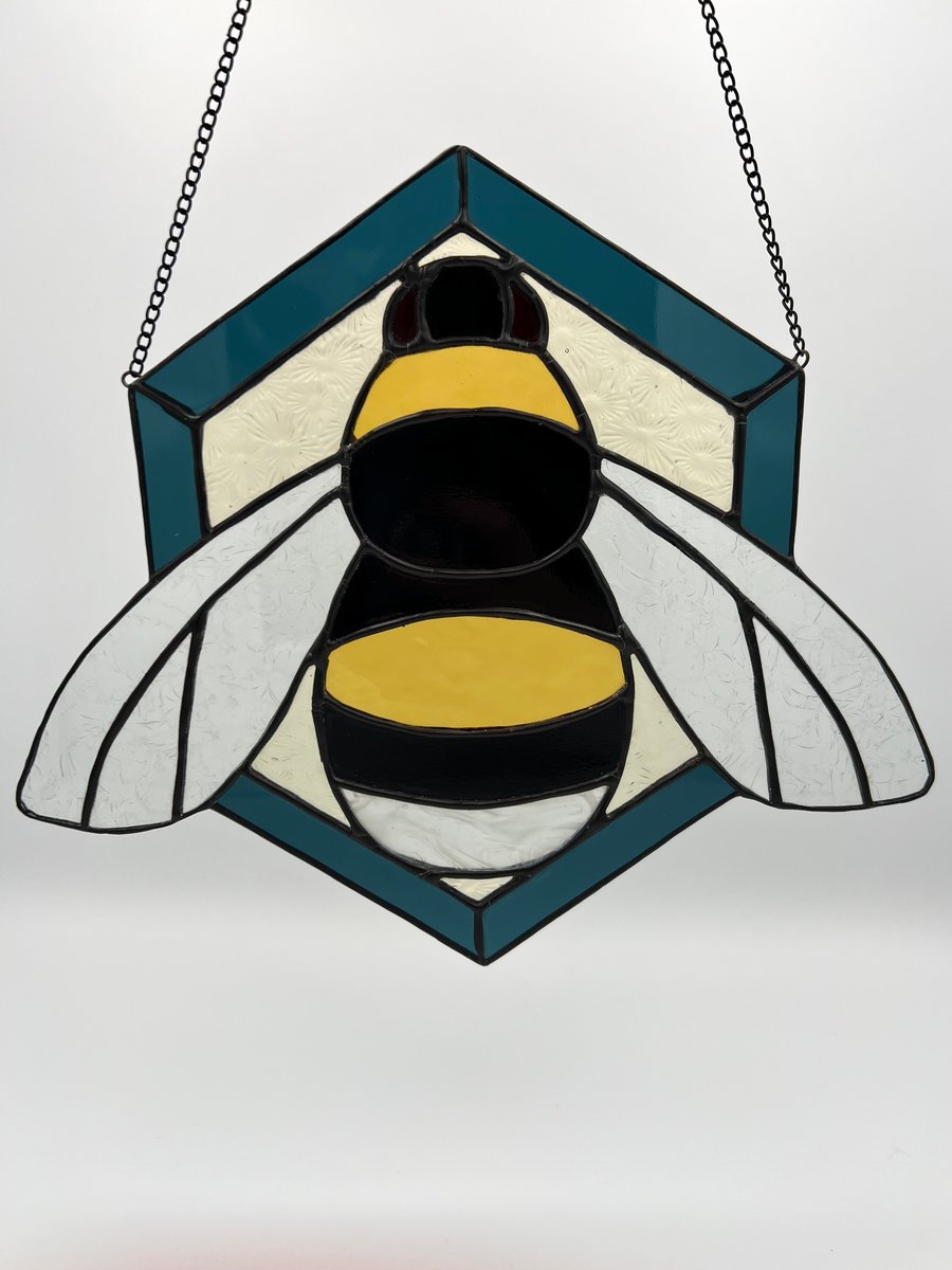Stained Glass Bee in navy glass frame - bumblebee 