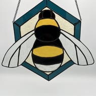 Stained Glass Bee in navy glass frame - bumblebee 