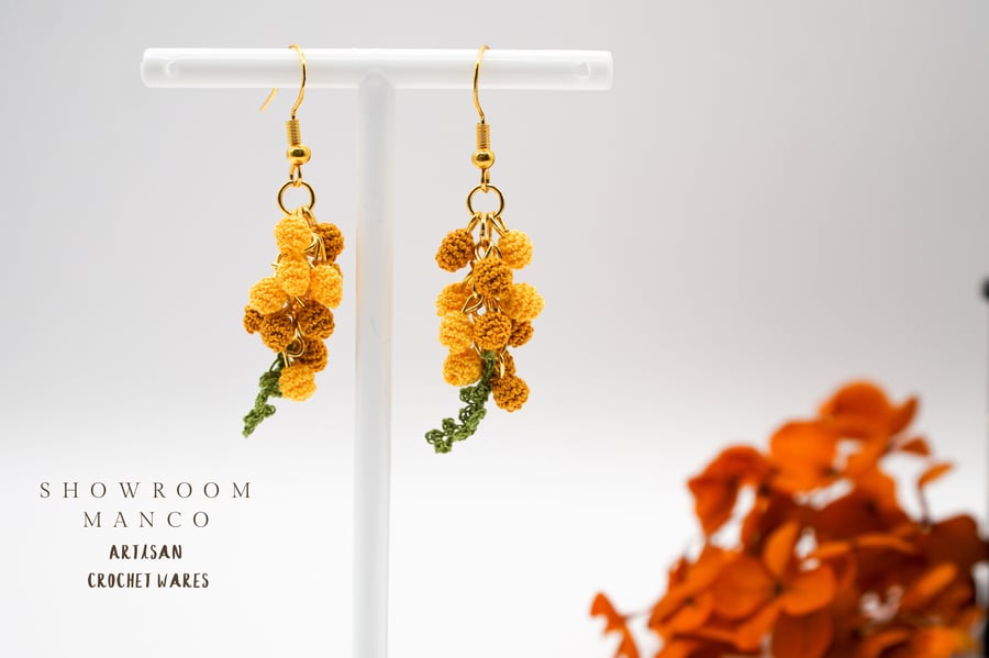 Mimosa flower crochet earrings, sterling silver golden colour hooks, spring 