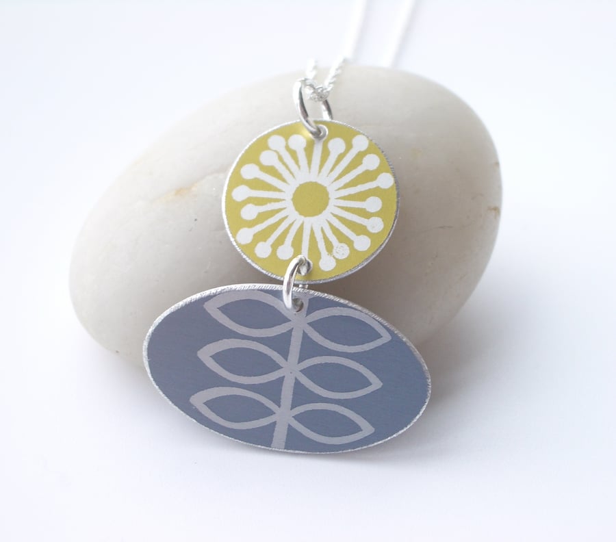 Folk art flower necklace in mustard yellow and grey