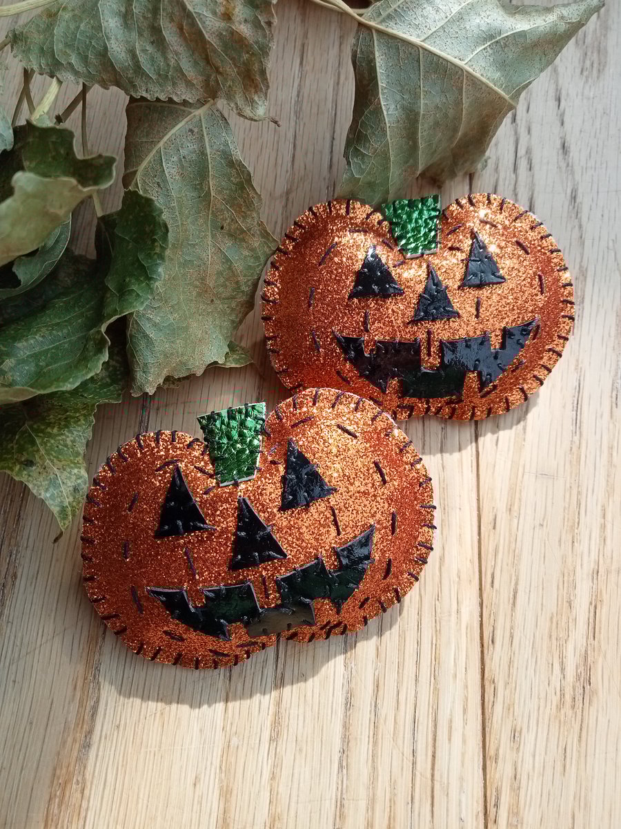 Hand Stitched Glittery Halloween Pumpkin Brooch