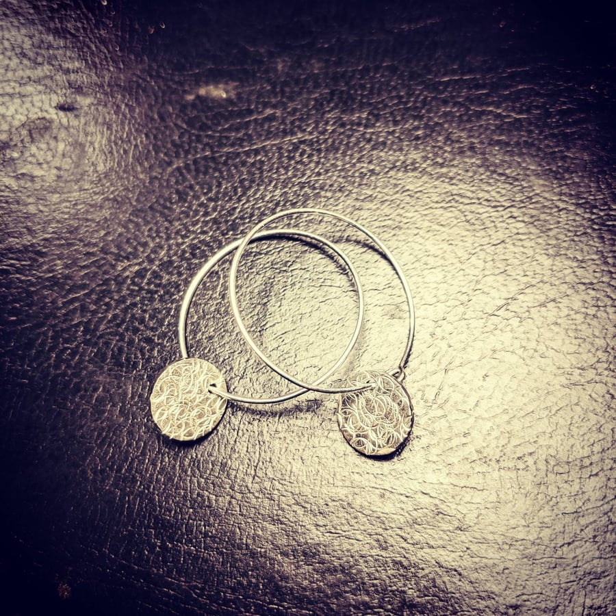 Silver disc earrings, fine silver hoop earrings, stamped silver, light dangly ea