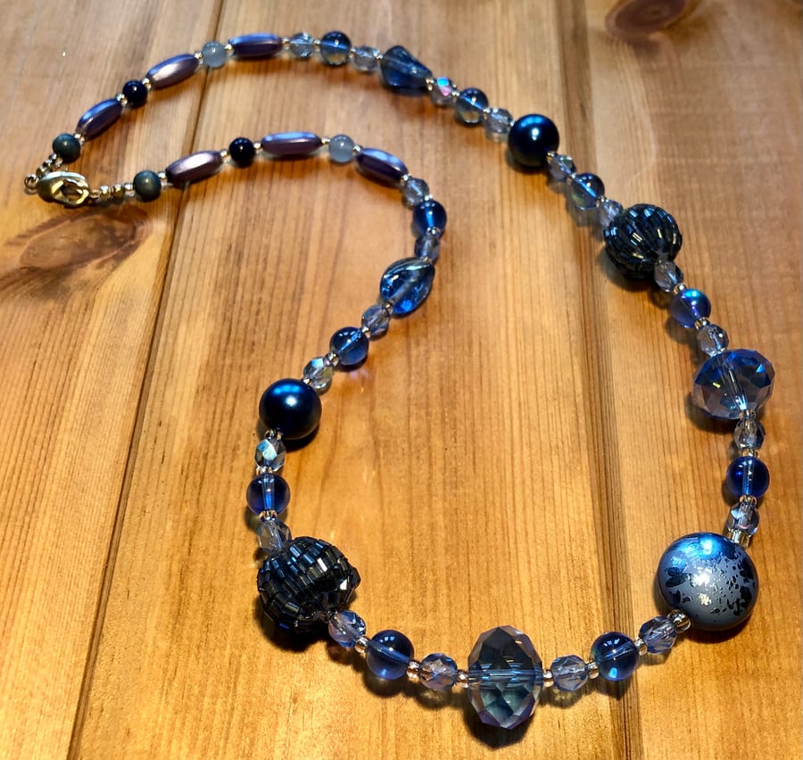 Blue recycled bead necklace 