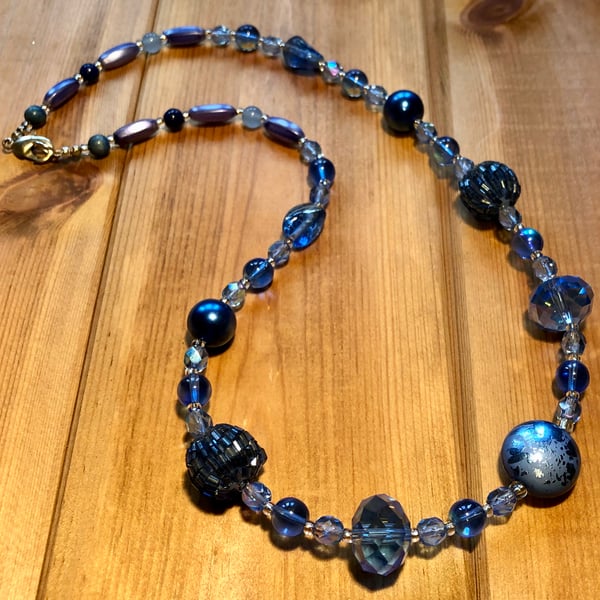 Blue recycled bead necklace 