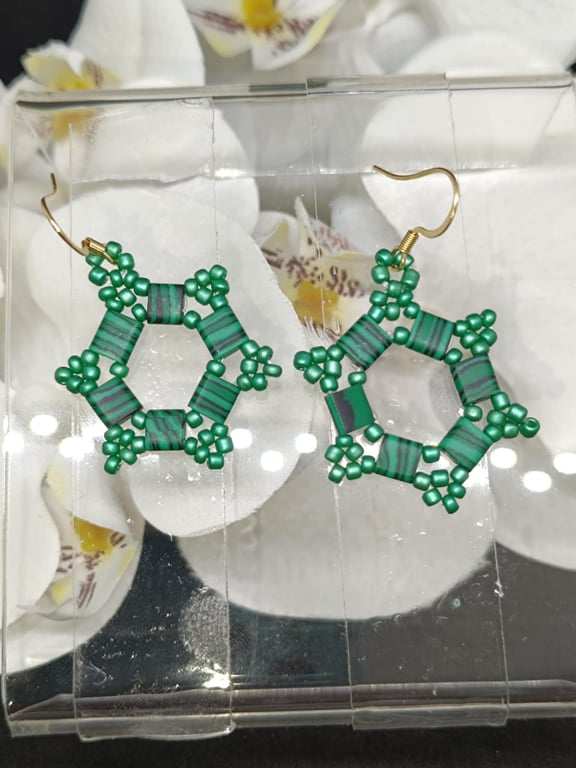 Green Star Beaded Earrings - Tila & Seed Beads - 18k Gold Plated Ear Wires 