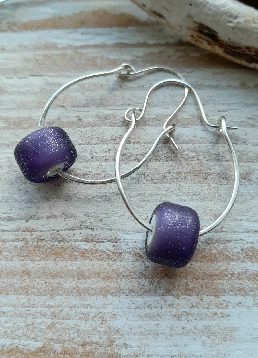 Sterling Silver Hoop Earrings with Lampwork Glass Purple Beads