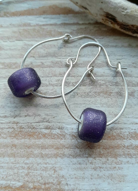 Sterling Silver Hoop Earrings with Lampwork Glass Purple Beads
