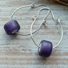 Sterling Silver Hoop Earrings with Lampwork Glass Purple Beads