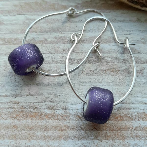 Sterling Silver Hoop Earrings with Lampwork Glass Purple Beads