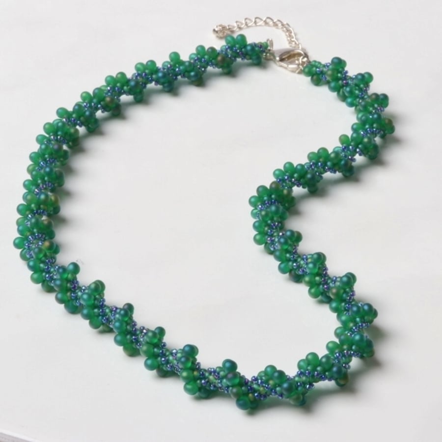 Frosted Green and  Blue Spiral Necklace