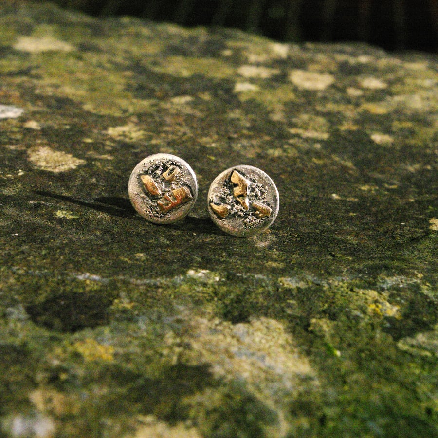 Silver and Gold Circular Textured Stud Earrings