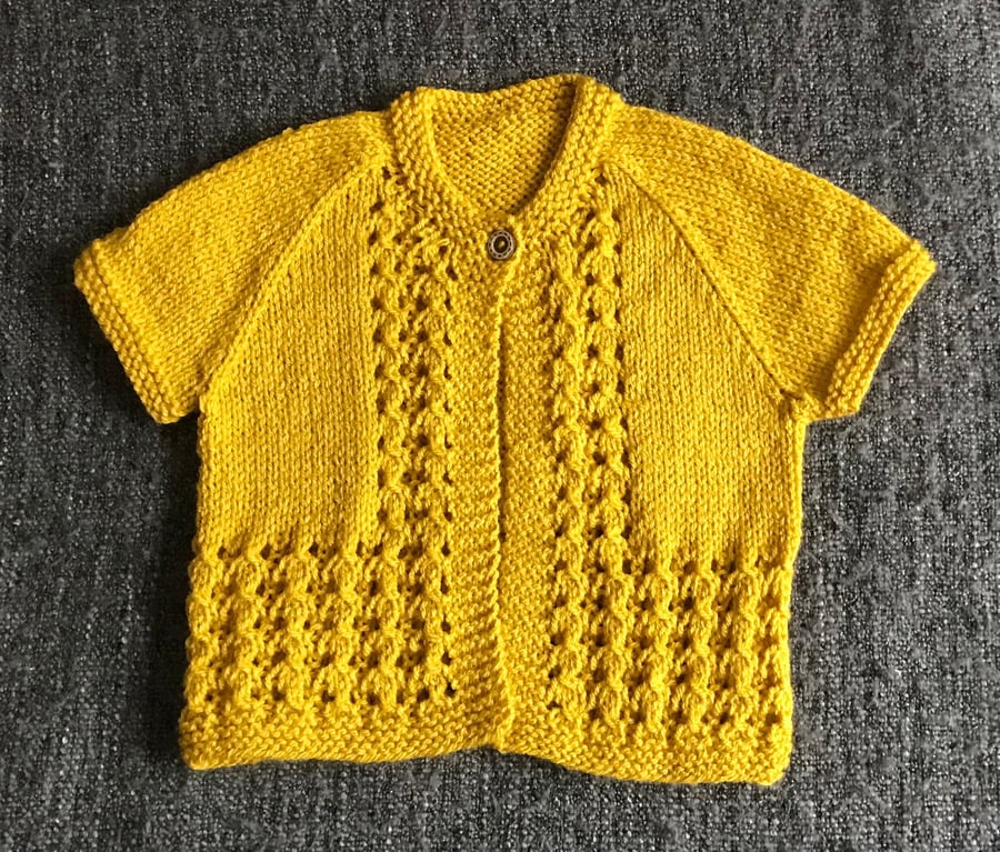 Yellow lace cardigan, size 3-6 months, hand knitted