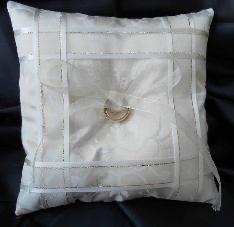 Wedding Ring Bearer Pillow, Cushion, Cream  Ribbon, Cream Satin
