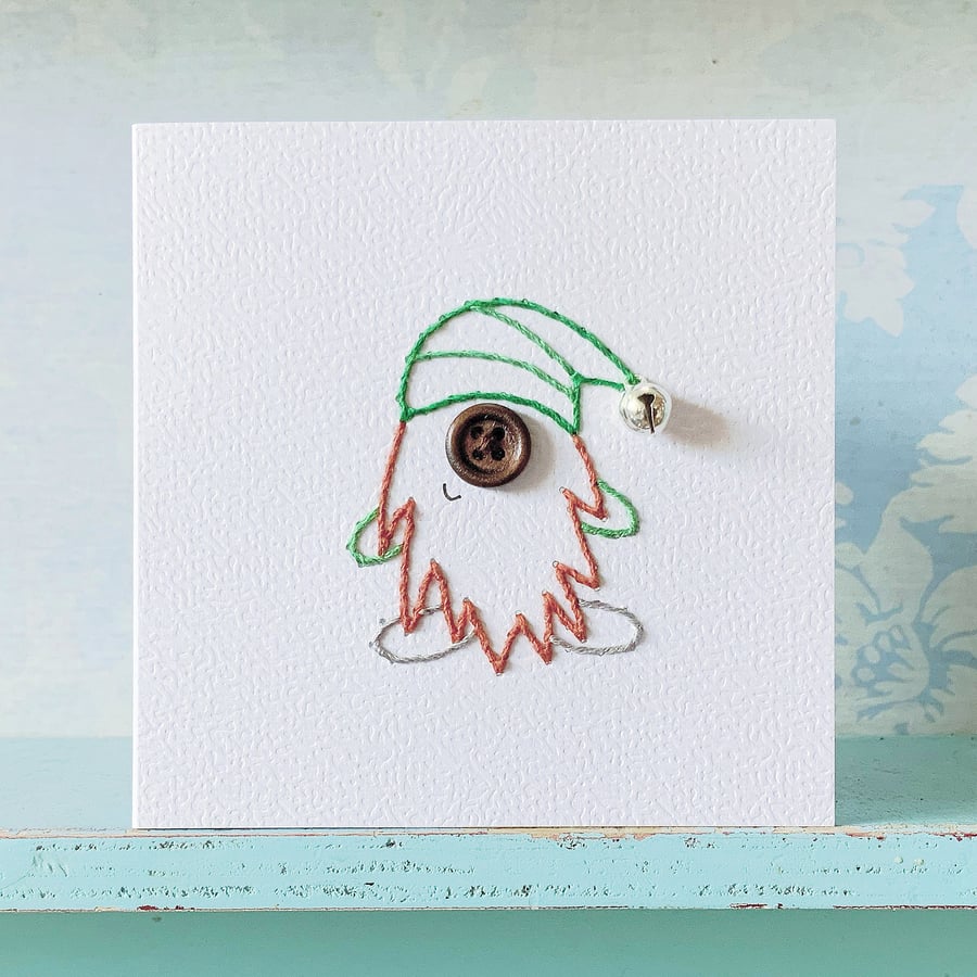 Hand Sewn Gnome Card. Tomte. Embroidered Card. Christmas Card. Tinkling Bell.