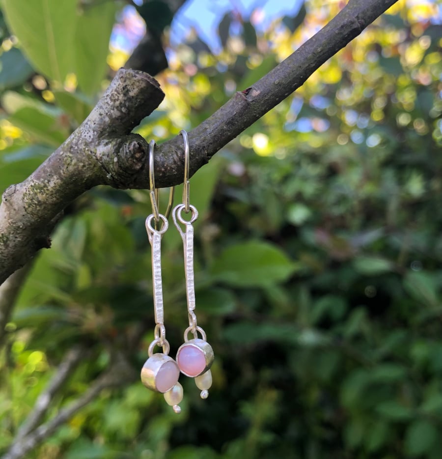 Pink Opal  and Freshwater Pearl Drop Earrings