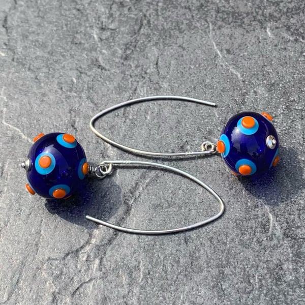 Fun sterling silver raised dot - spot hollow glass bead earrings - FREE UK P&P 
