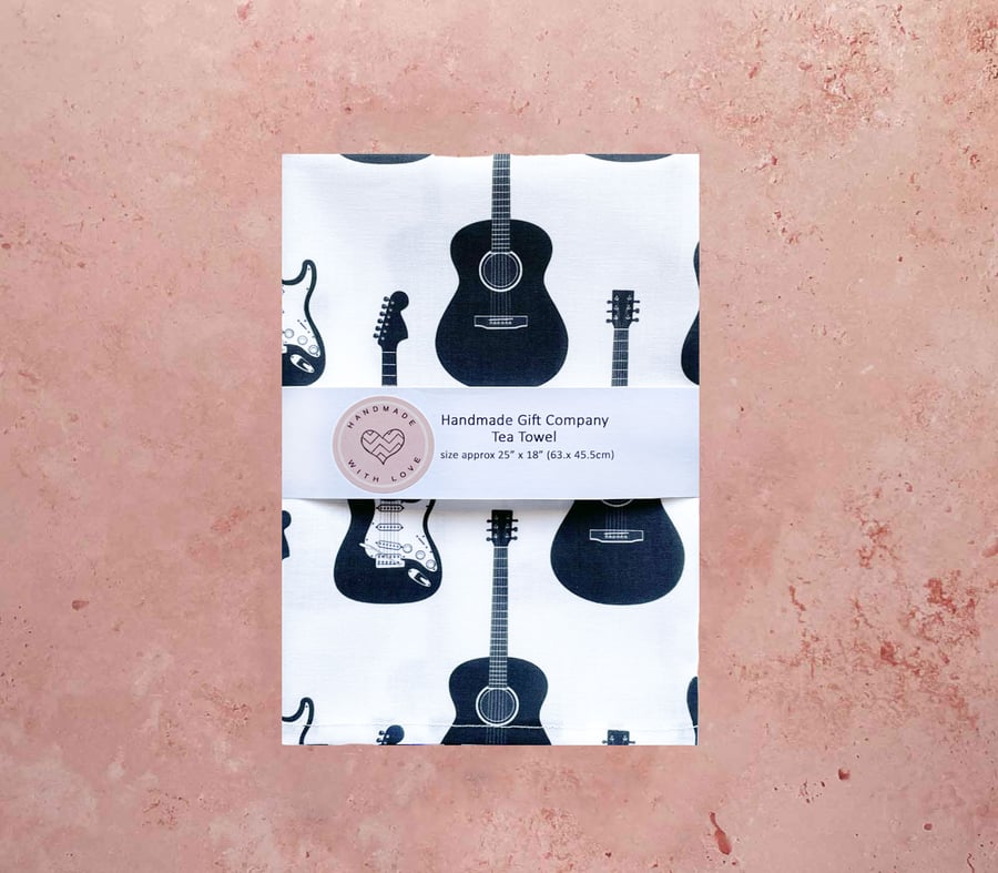 Fabric Handmade Pretty Cotton Tea Towel with a Black-White Guitar Design.