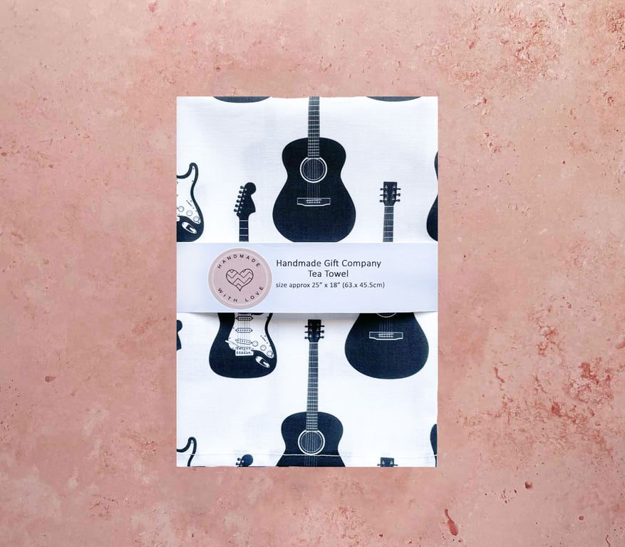 Fabric Handmade Pretty Cotton Tea Towel with a Black-White Guitar Design.