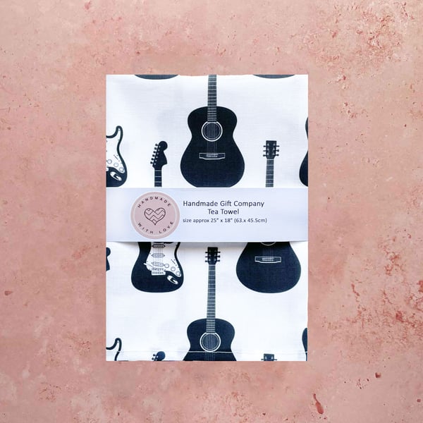 Fabric Handmade Pretty Cotton Tea Towel with a Black-White Guitar Design.