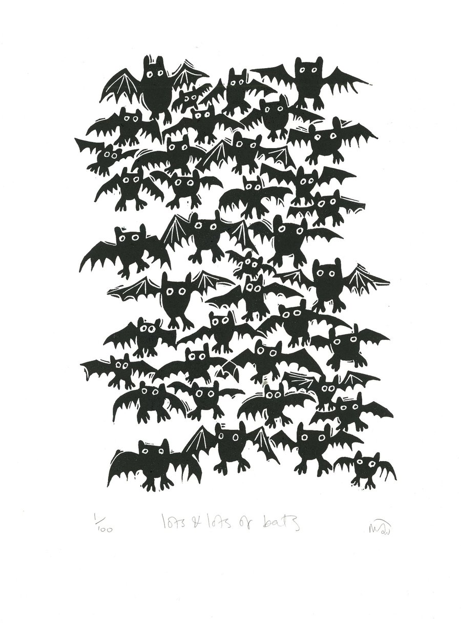 Lot and Lots of Bats - lino cut print