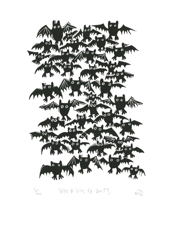 Lot and Lots of Bats - lino cut print