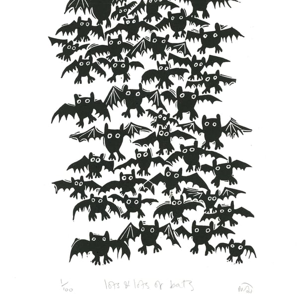 Lot and Lots of Bats - lino cut print