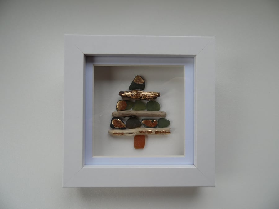 Christmas Tree Driftwood & Cornish Sea Glass, Gold Foil P234 Wall Art