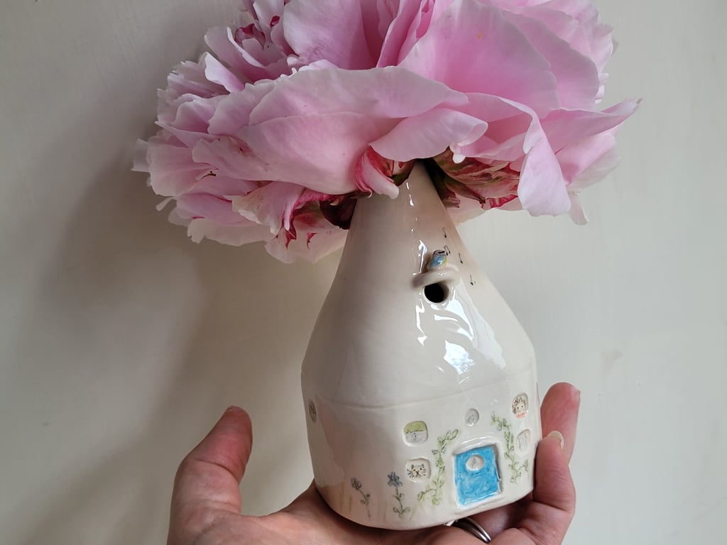 Handmade ceramic house bud vase with bluetit bird, pottery for wedding, new home