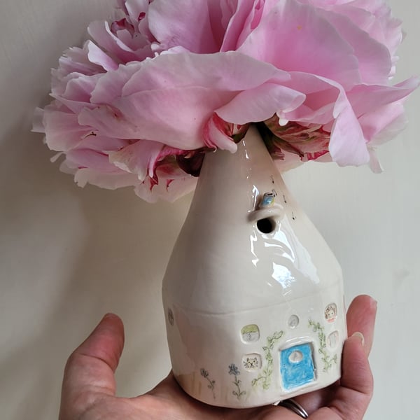 Handmade ceramic house bud vase with bluetit bird, pottery for wedding, new home