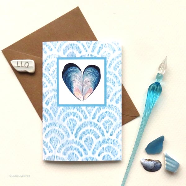 mussel heart blank card pretty romantic card for beach lovers shell collectors