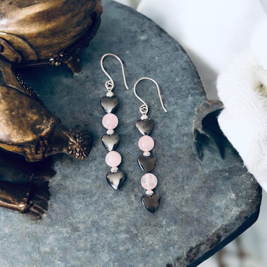 Sterling Silver Rose Quartz & Heart Hematite Earrings  - Gift Boxed