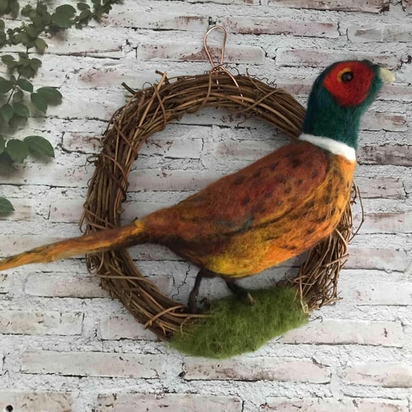 Pheasant wreath needle felted bird 