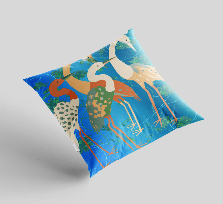 1 CRANE LIFE BLUE CUSHION - BLUE and Multi FAUX SUEDE or POLY LINEN.