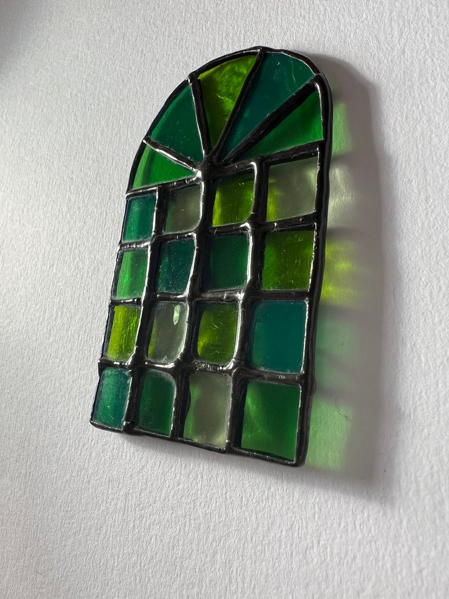 Miniature stained glass window in green - dolls house scale in vintage glass