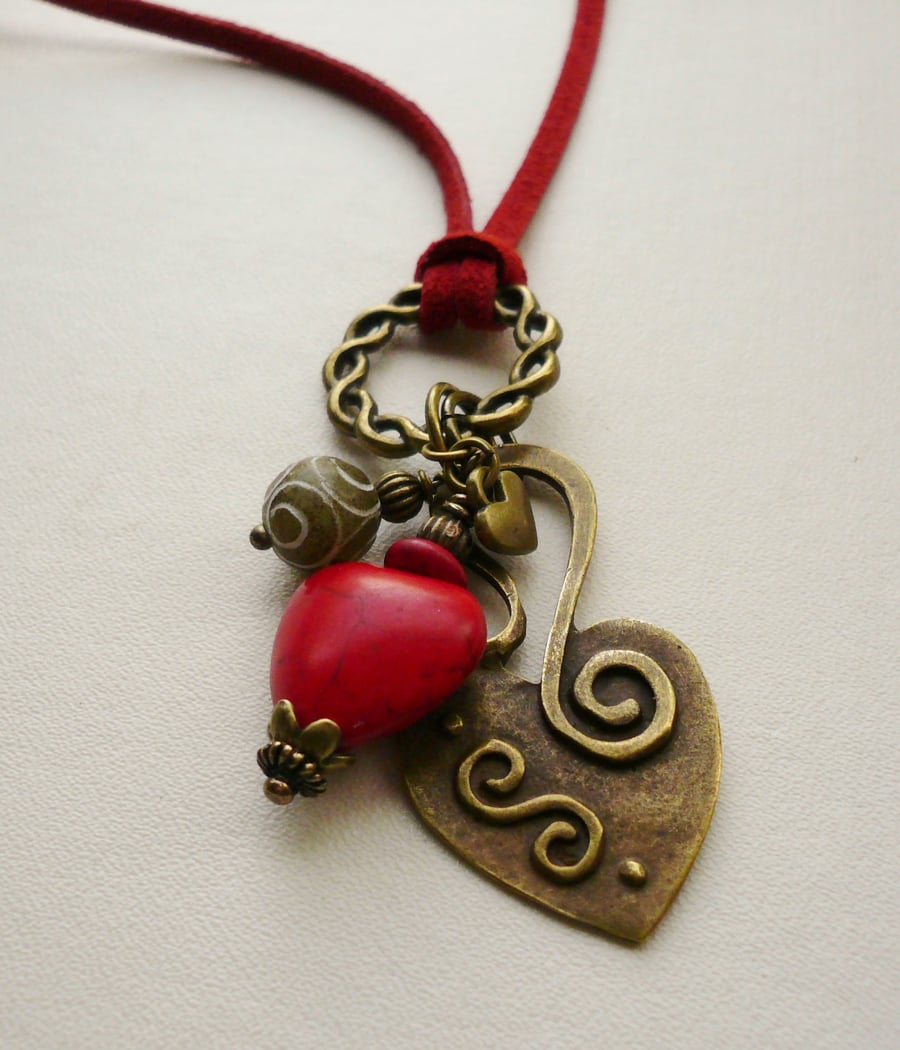 Red Howlite, Jade and Antique Bronze Heart Necklace   KCJ759
