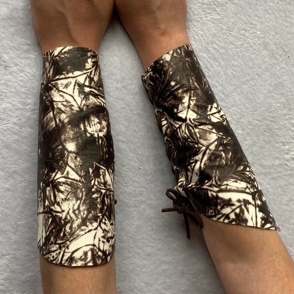 Large Soft Pair Dark Brown-White TieDyed Coloured Distressed Leather Bracers