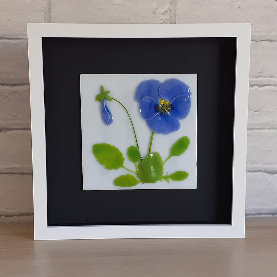 Fused glass floral art, pansy picture in frame