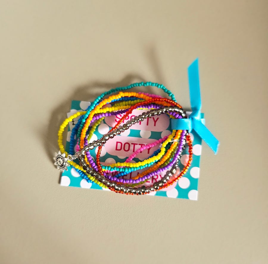 Multi-coloured beaded stretchy bracelets 