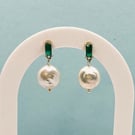 Moon Freshwater Pearl with Green Zircon Gold Plated Earrings