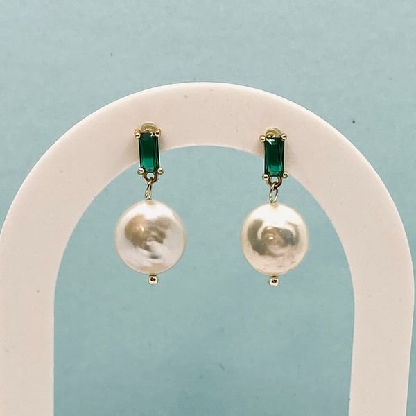 Moon Freshwater Pearl with Green Zircon Gold Plated Earrings