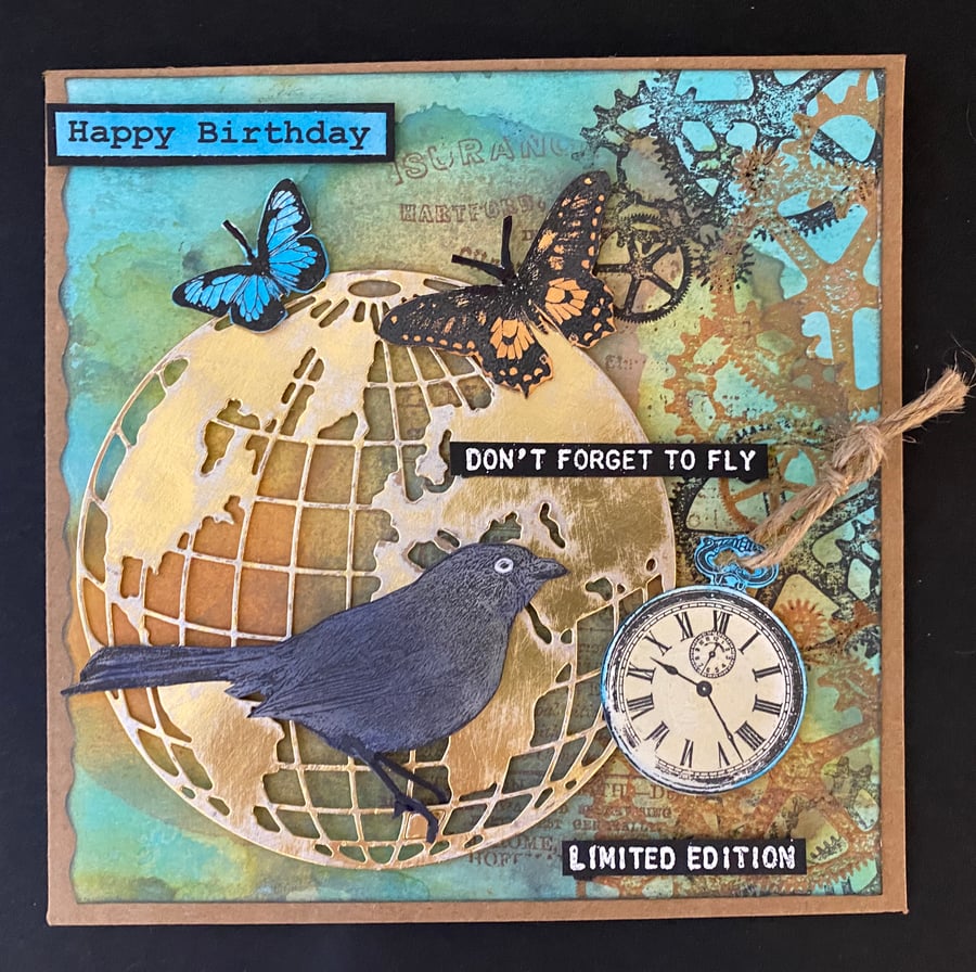 Birthday "Don't Forget to Fly" Steampunk style Card with 2 Gift Tags