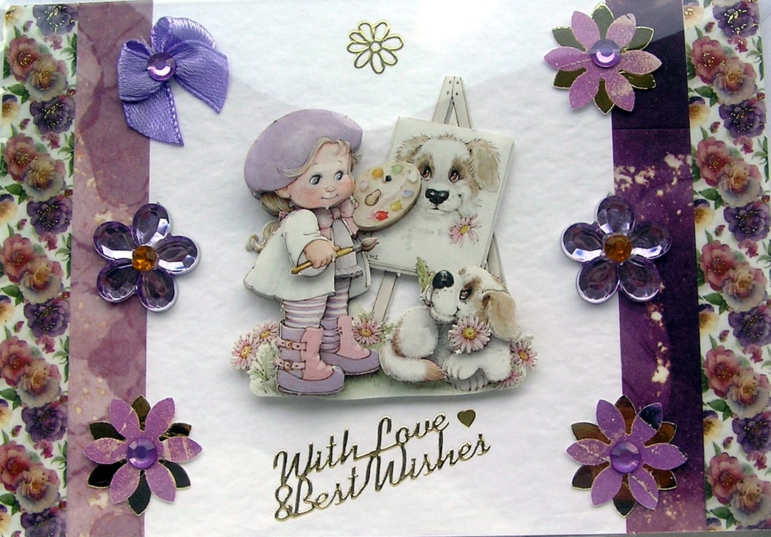 Painting my Puppy - Hand Crafted 3D Decoupage Greeting Card - With Love 2803