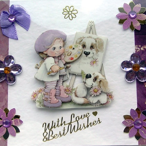 Painting my Puppy - Hand Crafted 3D Decoupage Greeting Card - With Love 2803