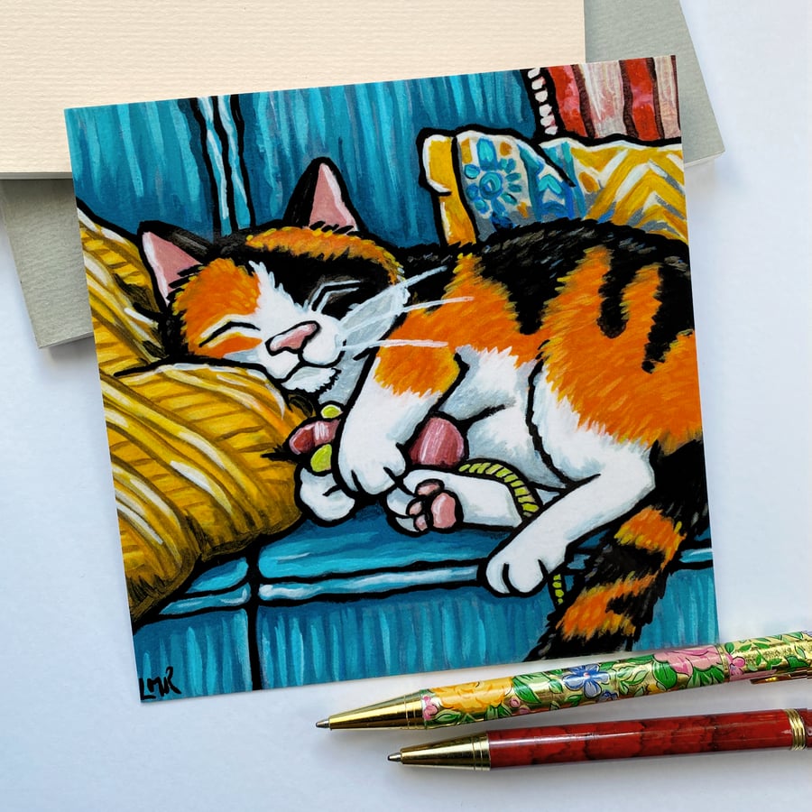 Calico Cat with Toy Mouse – Whimsical Cat Postcard
