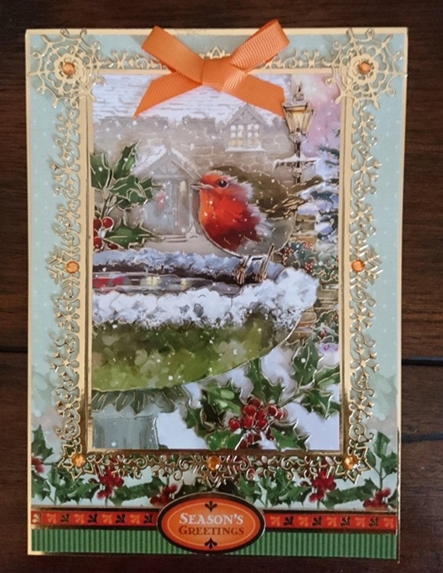 Christmas Card Xmas Robin Redbreast Season's Greetings 3D Luxury Handmade Card
