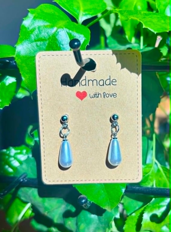 Handmade Silver-Tone Stud Earrings with Pearl-Look Bead Droplets